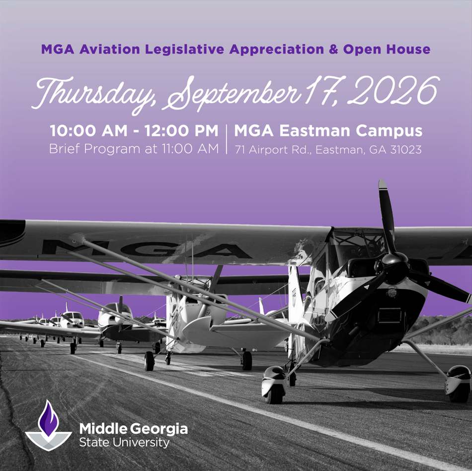 Event flyer for the MGA Aviation Legislative Appreciation & Open House on Thursday, September 17, 2026, from 10:00 AM to 12:00 PM (brief program at 11:00 AM). The event will be held at the MGA Eastman Campus, located at 71 Airport Rd., Eastman, GA 31023. The Middle Georgia State University logo appears in the bottom left corner.